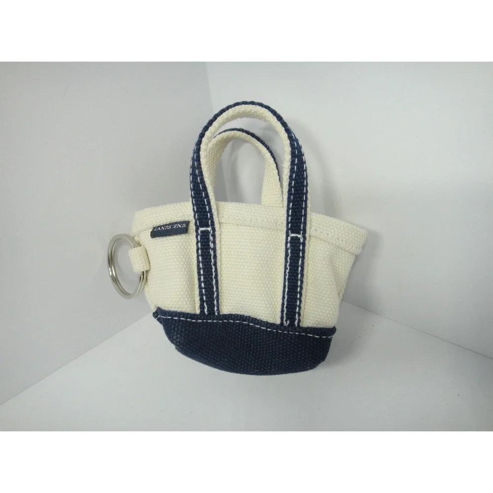 Lands End Mini Canvas Tote Bag Keychain Navy Blue Cream Nautical Bag Charm EUC